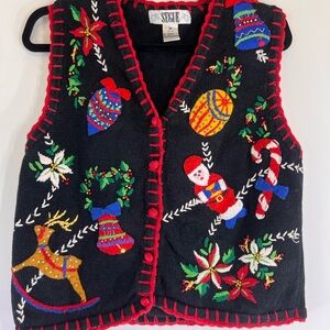 Vintage Black Festive Ugly Christmas Sweater Vest Women's Medium Santa Holiday